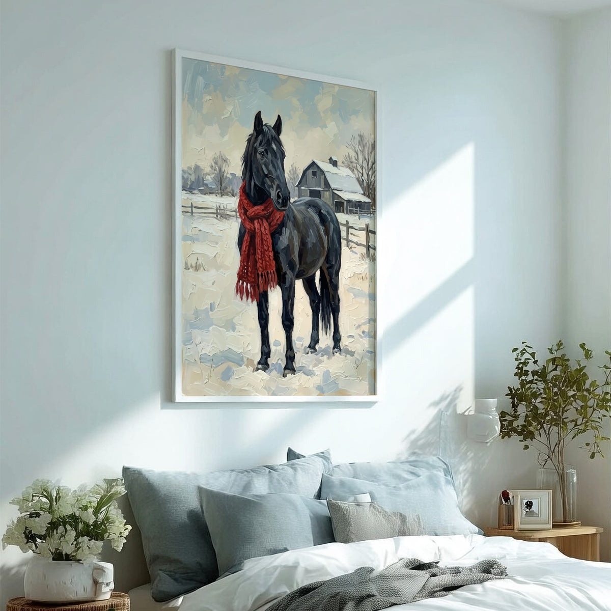 Poster featuring a black horse wearing a red scarf standing in snowy farm fields.