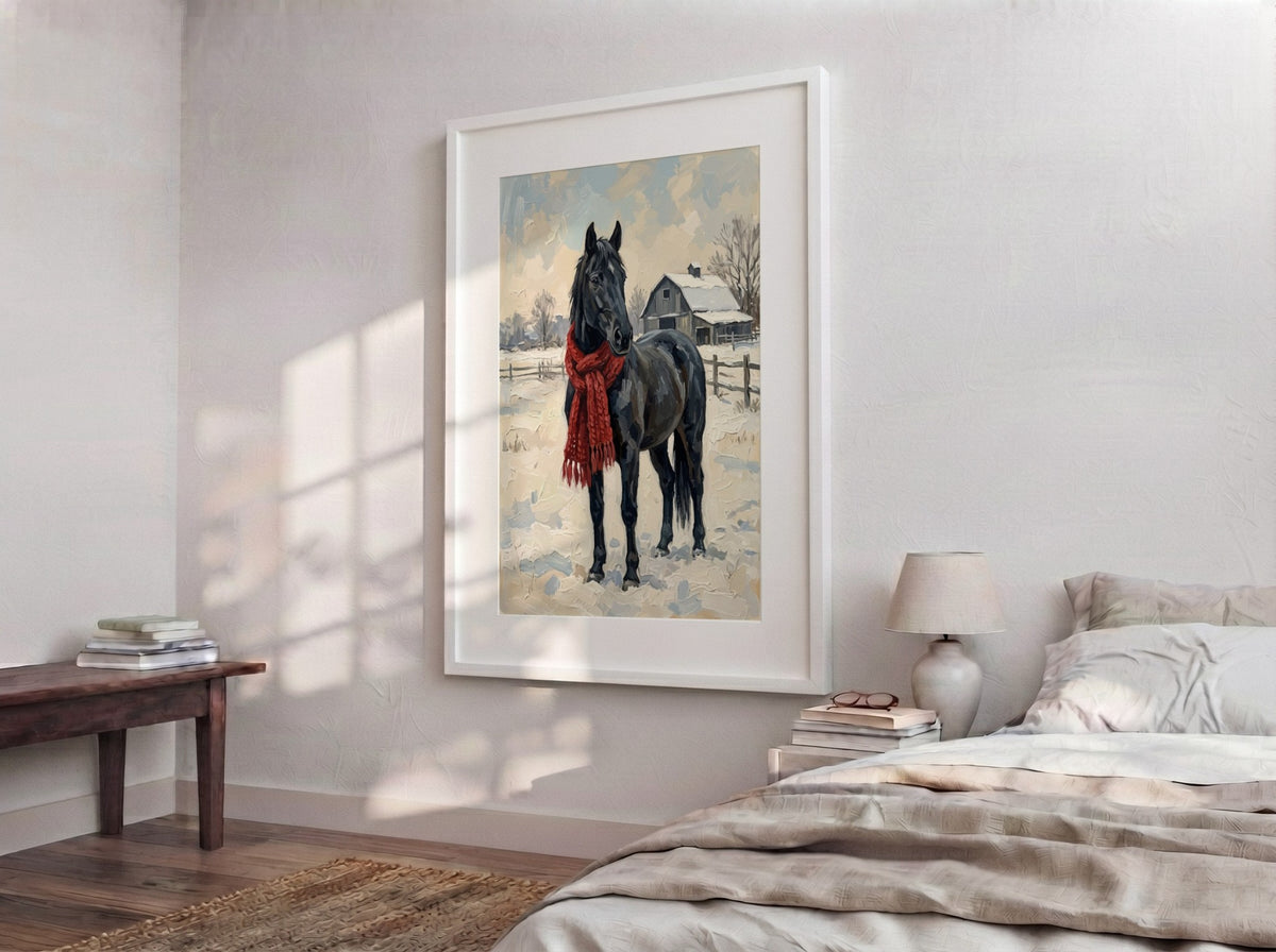 Poster featuring a black horse wearing a red scarf standing in snowy farm fields.