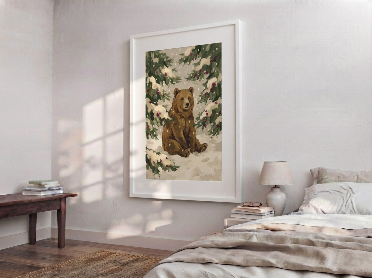 Poster of a brown bear sitting in a snowy forest with pine branches