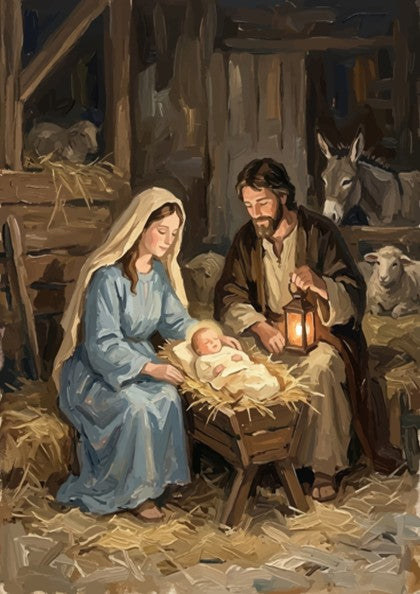 Nativity scene poster featuring Mary Joseph and baby Jesus in a lantern lit stable