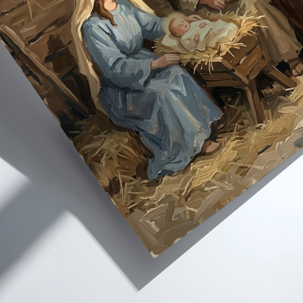 Nativity scene poster featuring Mary Joseph and baby Jesus in a lantern lit stable