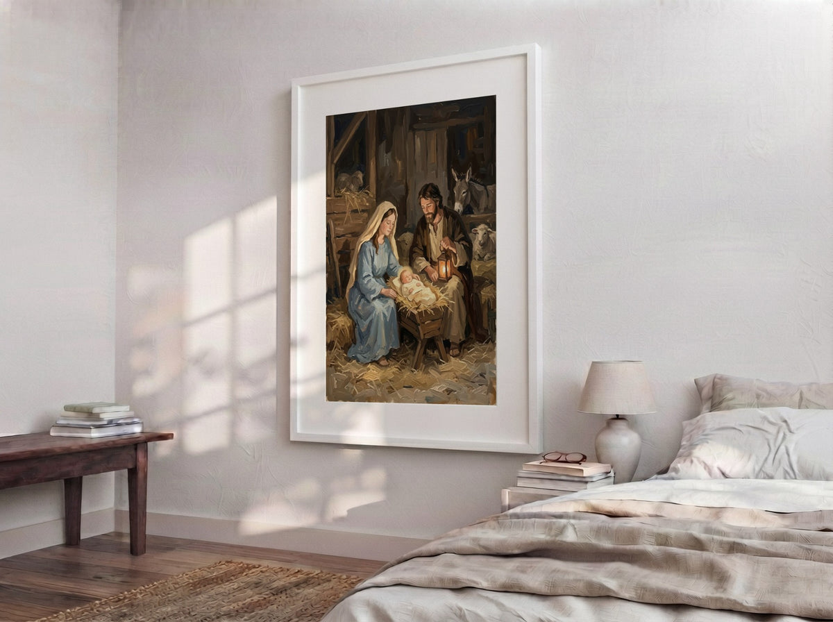 Nativity scene poster featuring Mary Joseph and baby Jesus in a lantern lit stable