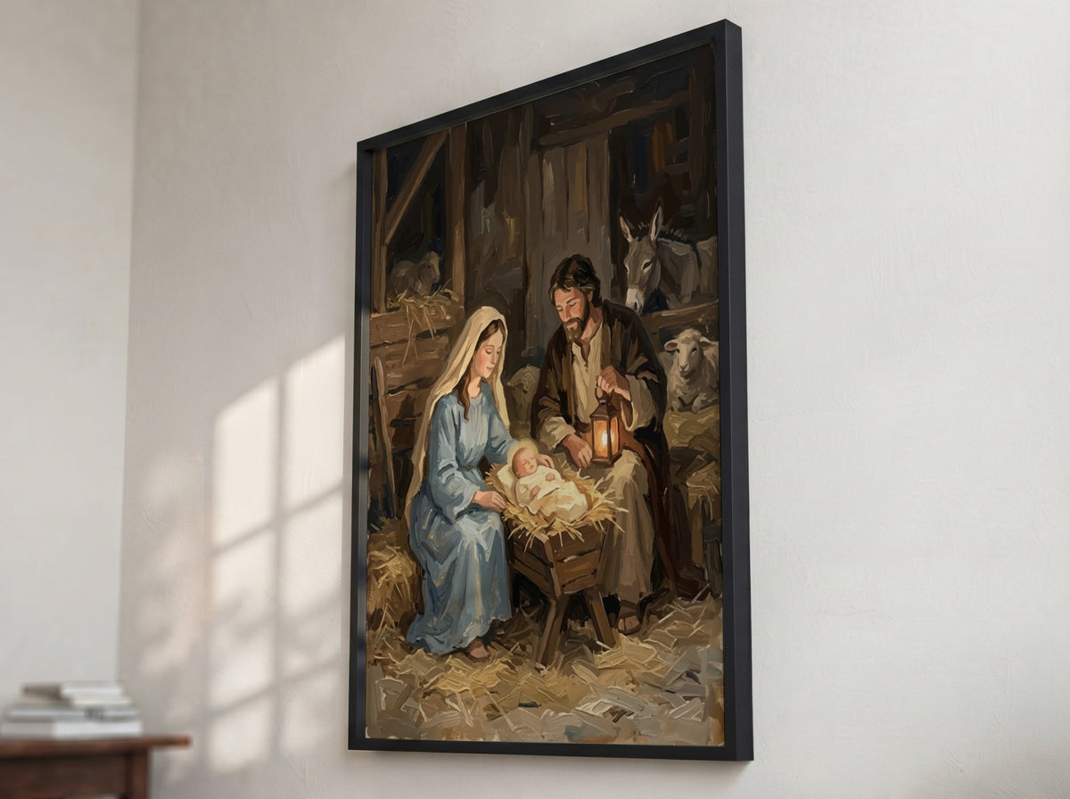 Nativity scene poster featuring Mary Joseph and baby Jesus in a lantern lit stable