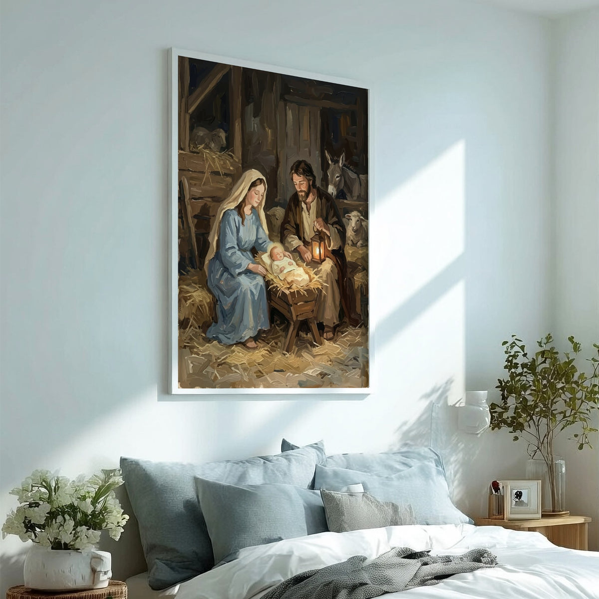 Nativity scene poster featuring Mary Joseph and baby Jesus in a lantern lit stable