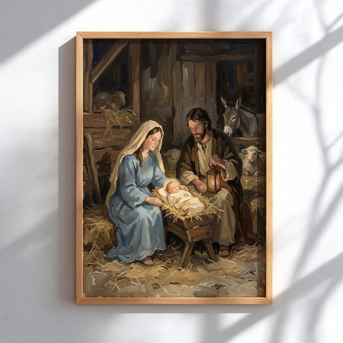 Nativity scene poster featuring Mary Joseph and baby Jesus in a lantern lit stable