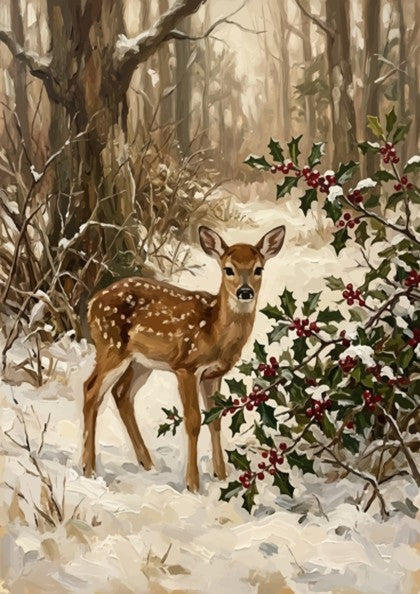 Poster featuring a spotted fawn standing in a snowy forest with holly and berries