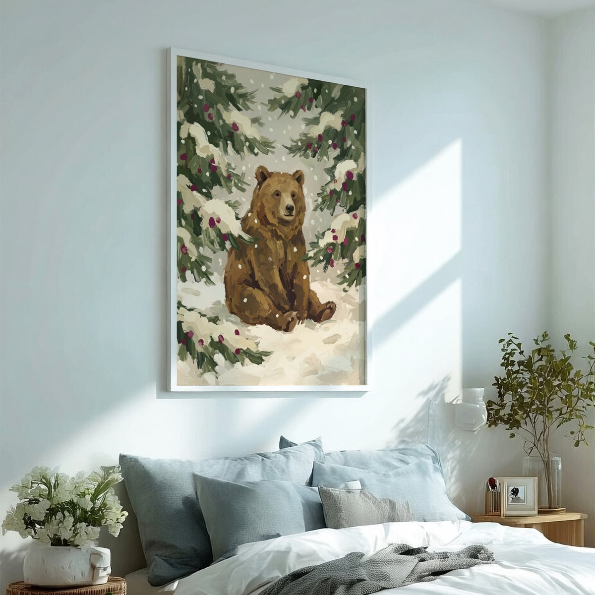 Poster of a brown bear sitting in a snowy forest with pine branches