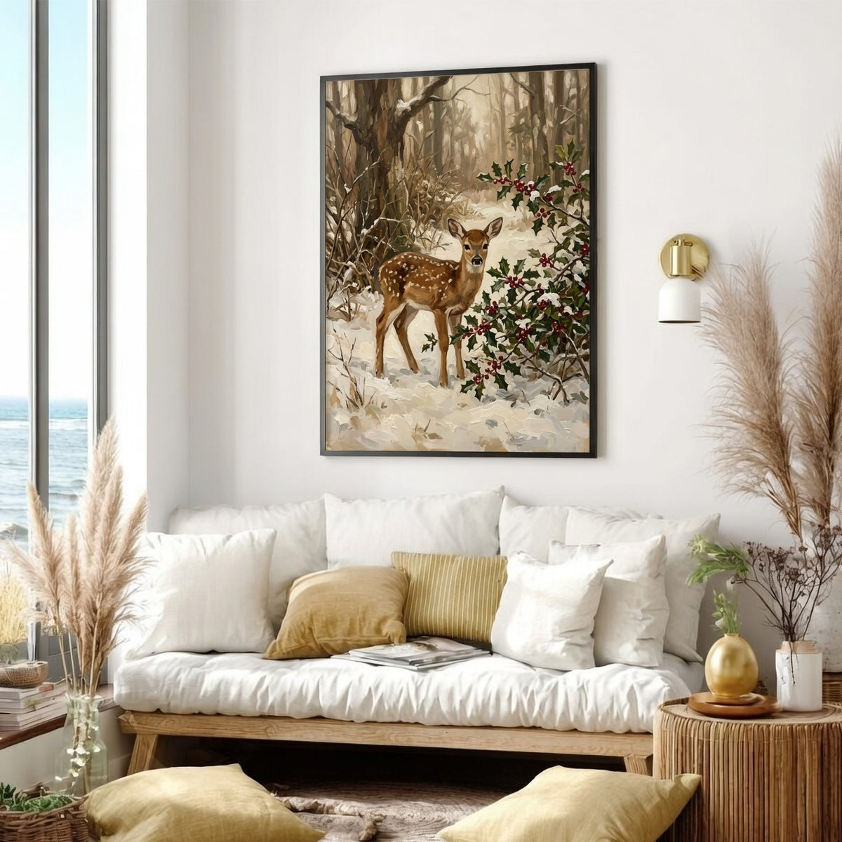 Poster featuring a spotted fawn standing in a snowy forest with holly and berries