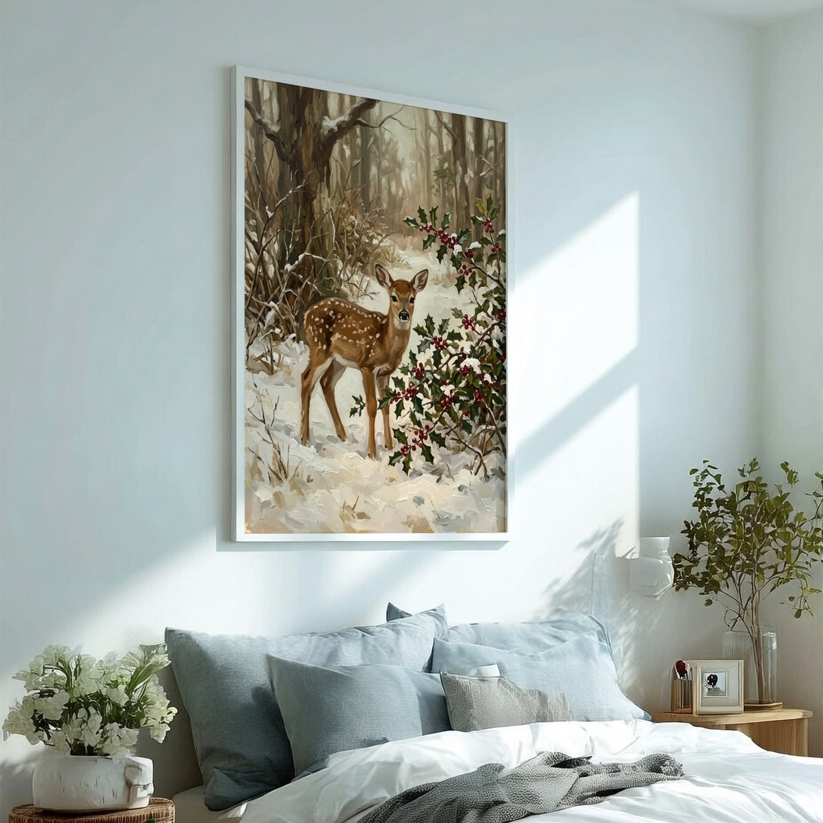 Poster featuring a spotted fawn standing in a snowy forest with holly and berries