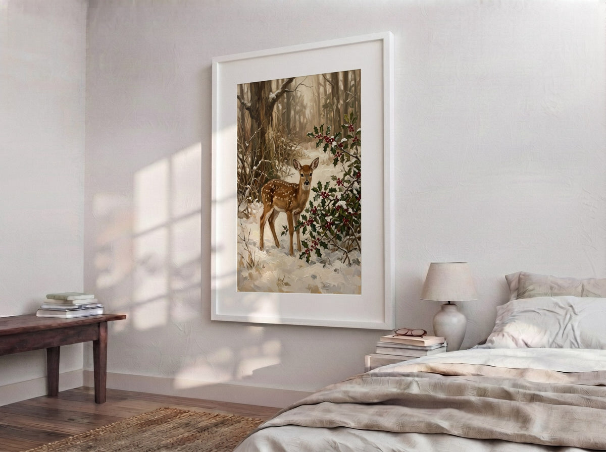 Poster featuring a spotted fawn standing in a snowy forest with holly and berries