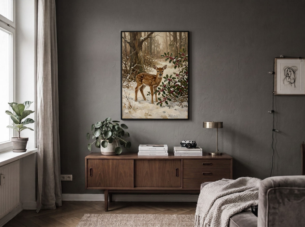 Poster featuring a spotted fawn standing in a snowy forest with holly and berries