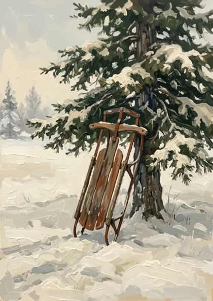 Poster featuring an antique wooden sled leaning against a snow-covered pine tree in winter.