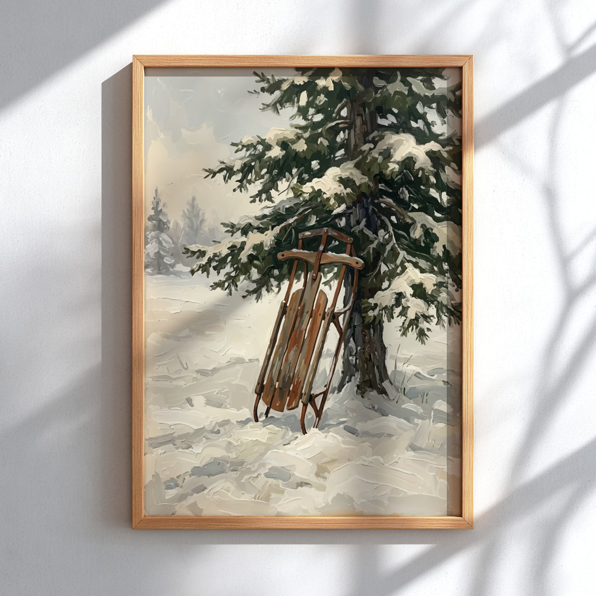 Poster featuring an antique wooden sled leaning against a snow-covered pine tree in winter.