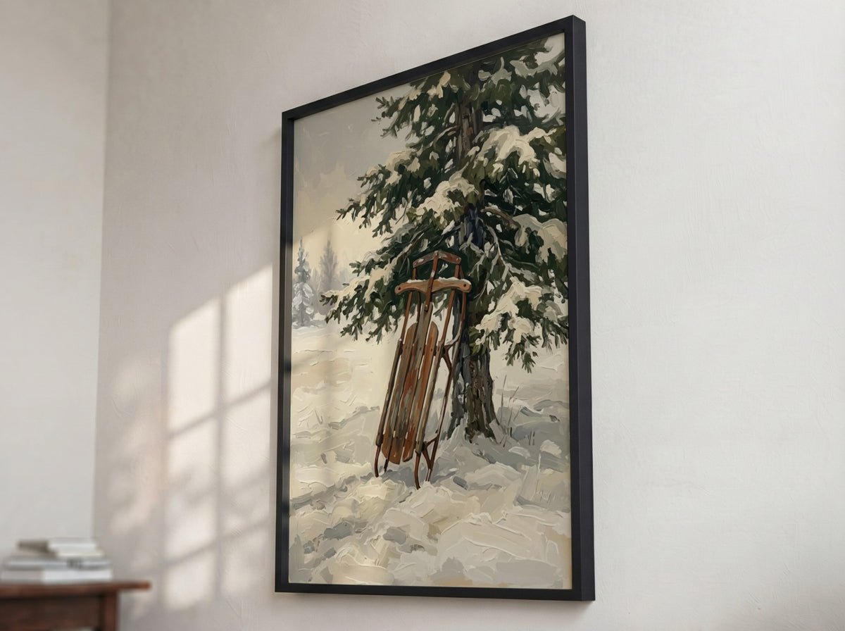 Poster featuring an antique wooden sled leaning against a snow-covered pine tree in winter.