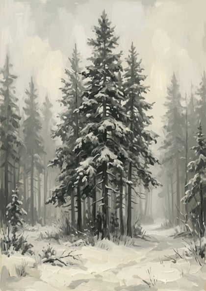 Poster featuring a snowy pine forest with dark evergreen trees and soft winter fog.