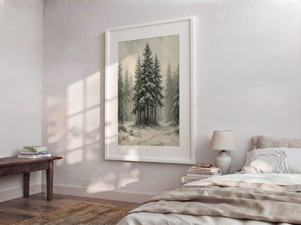 Poster featuring a snowy pine forest with dark evergreen trees and soft winter fog.