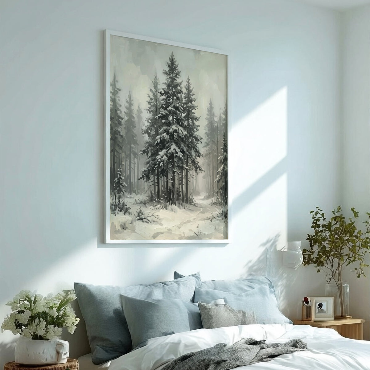 Poster featuring a snowy pine forest with dark evergreen trees and soft winter fog.