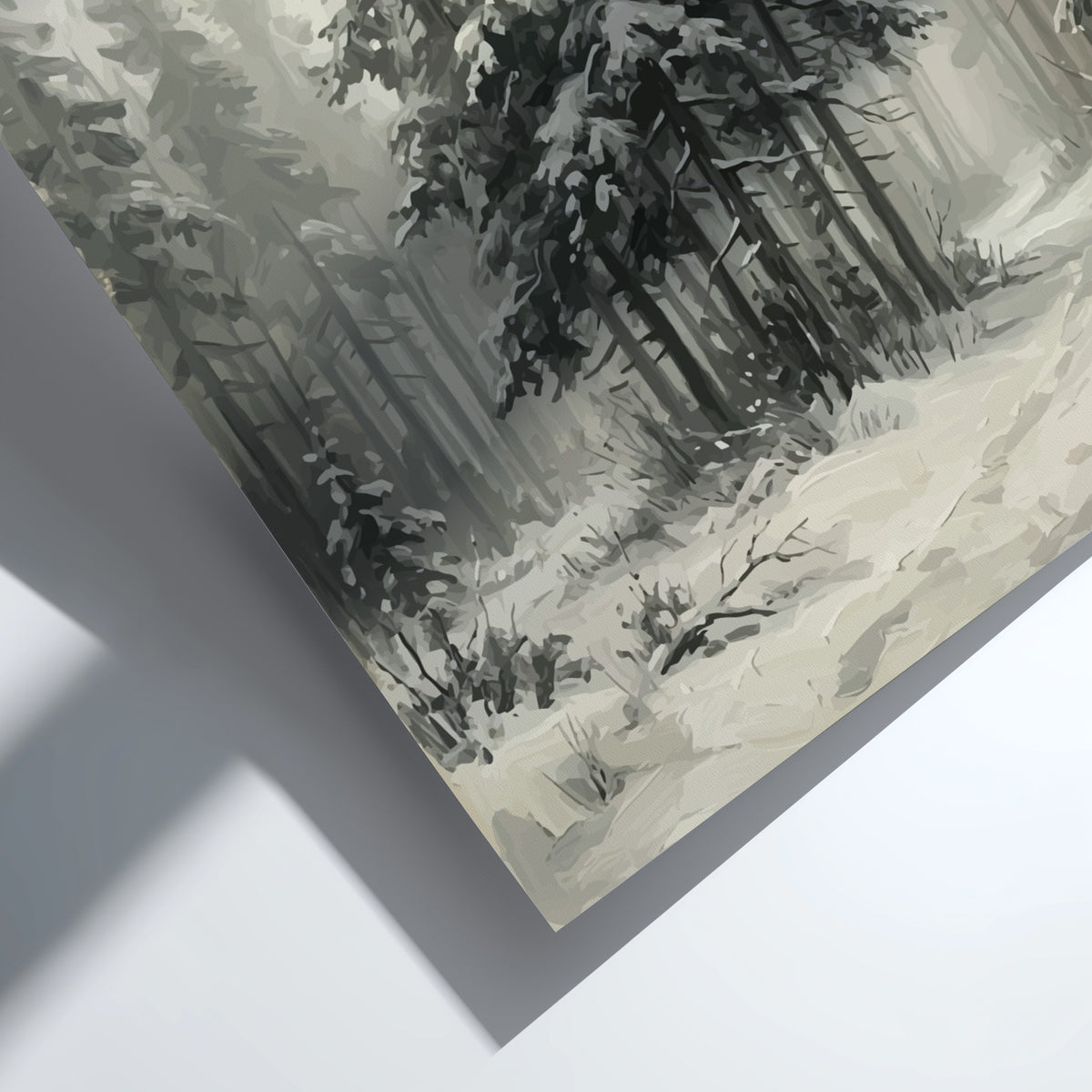 Poster featuring a snowy pine forest with dark evergreen trees and soft winter fog.