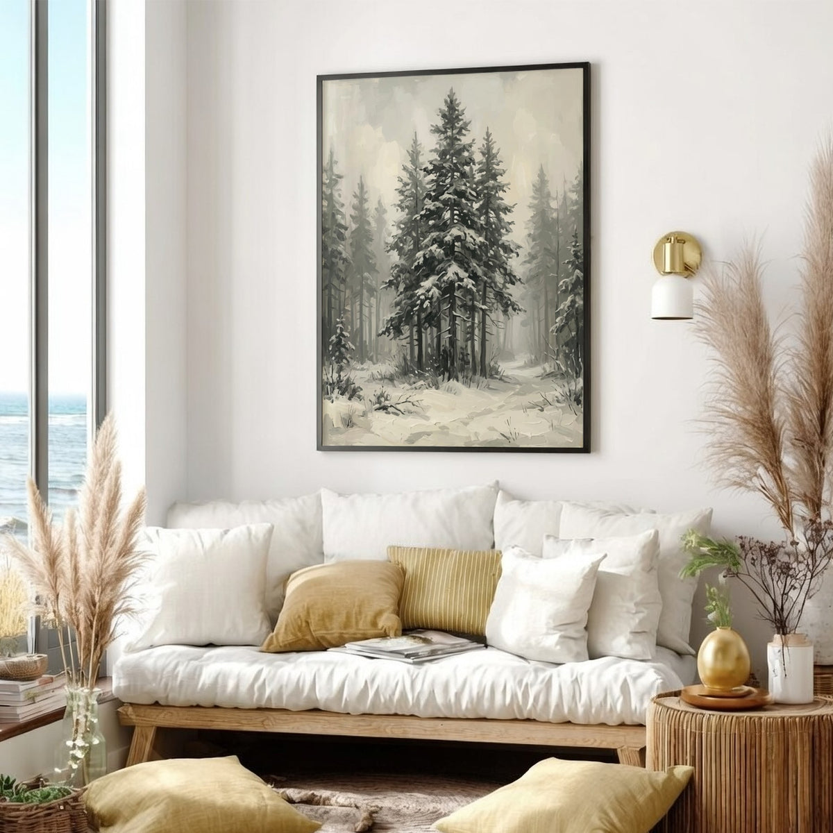 Poster featuring a snowy pine forest with dark evergreen trees and soft winter fog.
