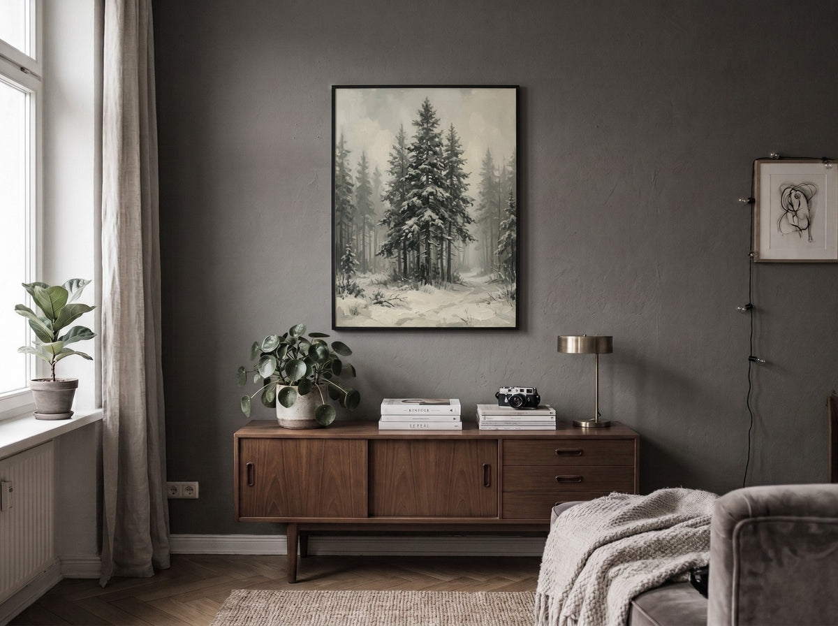 Poster featuring a snowy pine forest with dark evergreen trees and soft winter fog.