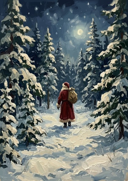 Poster featuring Santa Claus walking through a moonlit, snow-covered pine forest in oil style.