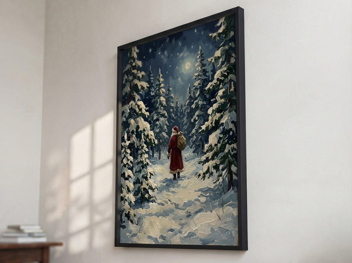 Poster featuring Santa Claus walking through a moonlit, snow-covered pine forest in oil style.