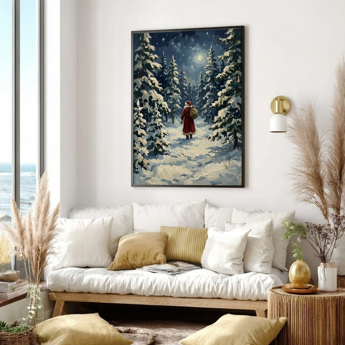 Poster featuring Santa Claus walking through a moonlit, snow-covered pine forest in oil style.