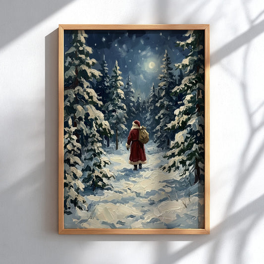 Poster featuring Santa Claus walking through a moonlit, snow-covered pine forest in oil style.