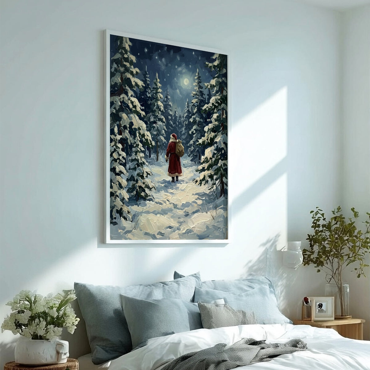 Poster featuring Santa Claus walking through a moonlit, snow-covered pine forest in oil style.