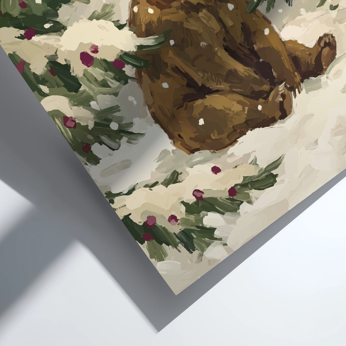 Poster of a brown bear sitting in a snowy forest with pine branches