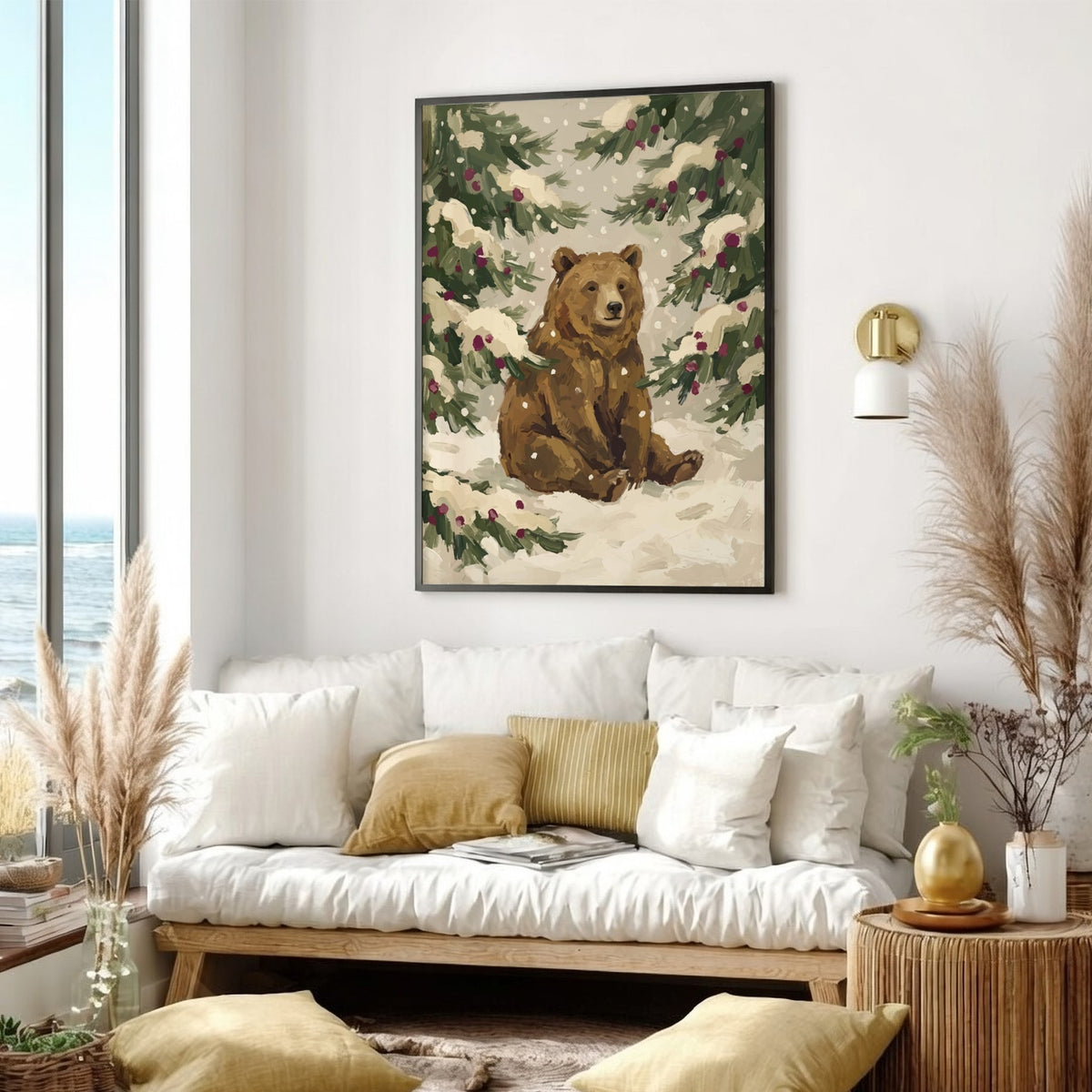 Poster of a brown bear sitting in a snowy forest with pine branches