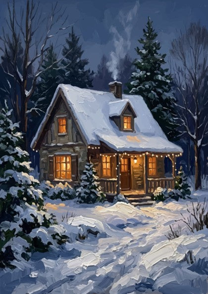 Poster of a cozy stone cabin with glowing windows in a snowy forest scene