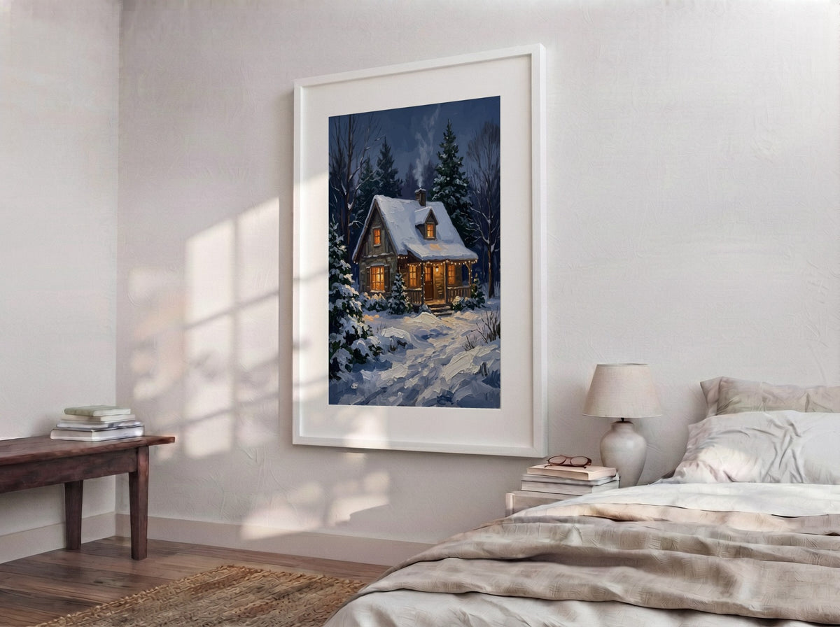 Poster of a cozy stone cabin with glowing windows in a snowy forest scene