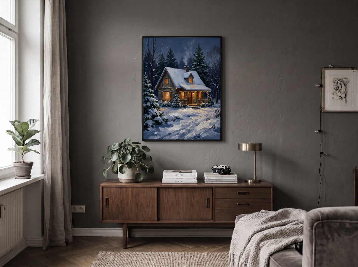 Poster of a cozy stone cabin with glowing windows in a snowy forest scene