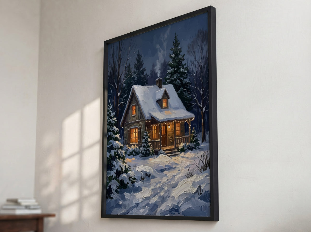 Poster of a cozy stone cabin with glowing windows in a snowy forest scene