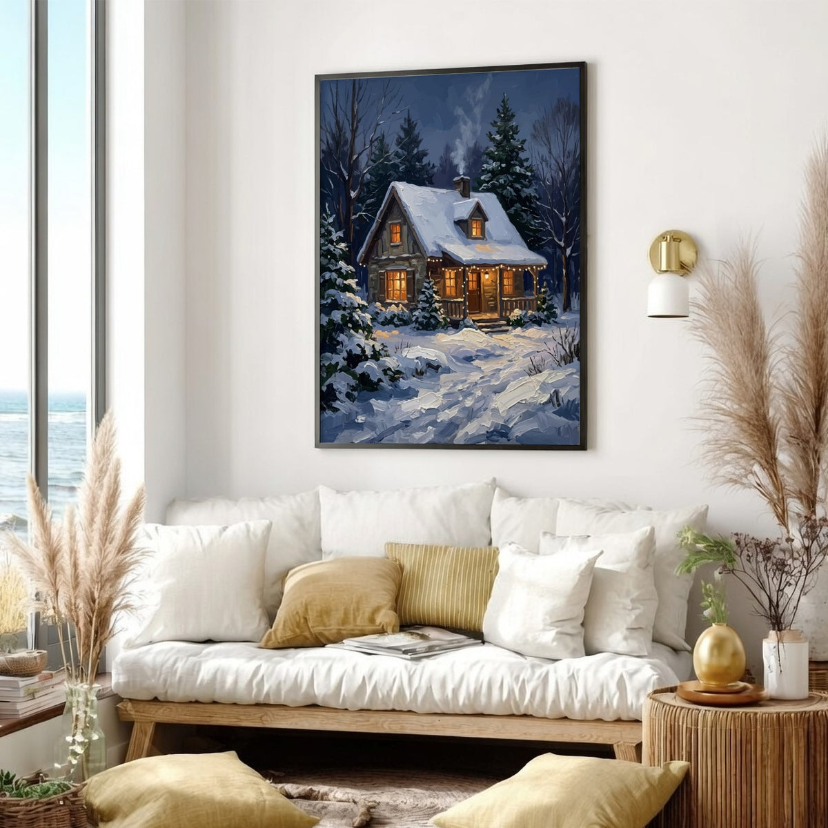 Poster of a cozy stone cabin with glowing windows in a snowy forest scene