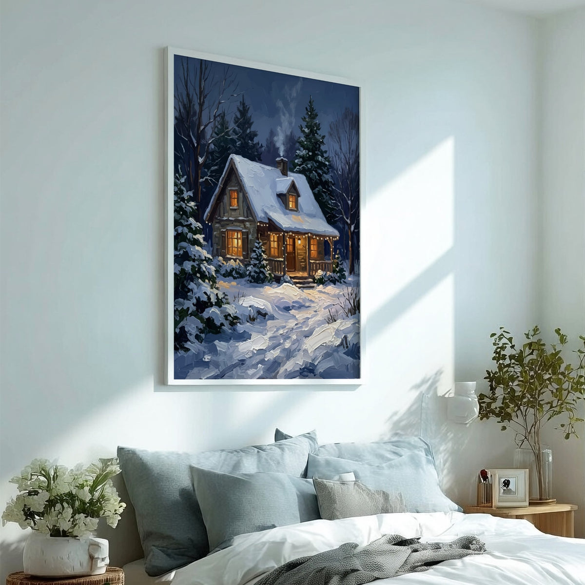 Poster of a cozy stone cabin with glowing windows in a snowy forest scene