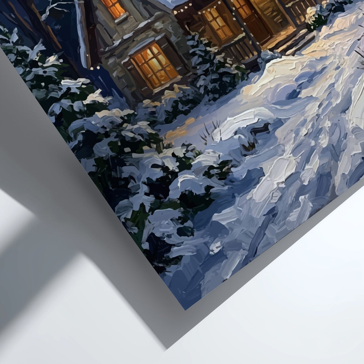 Poster of a cozy stone cabin with glowing windows in a snowy forest scene