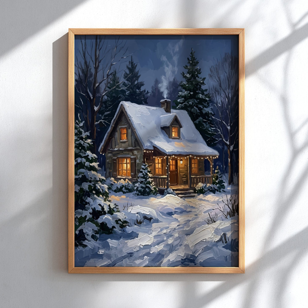 Poster of a cozy stone cabin with glowing windows in a snowy forest scene