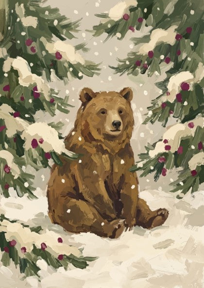 Poster of a brown bear sitting in a snowy forest with pine branches