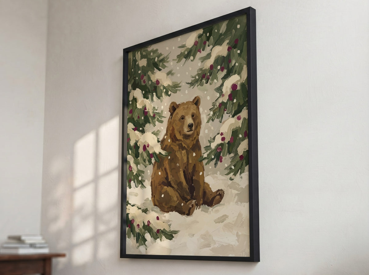 Poster of a brown bear sitting in a snowy forest with pine branches
