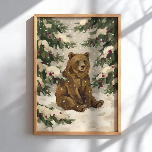 Poster of a brown bear sitting in a snowy forest with pine branches