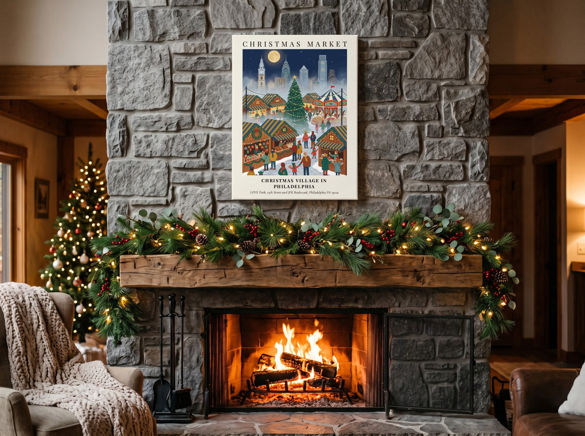 Poster of a Philadelphia Christmas market with stalls, a large tree, and city skyline.