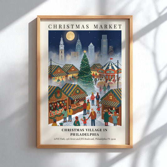 Poster of a Philadelphia Christmas market with stalls, a large tree, and city skyline.