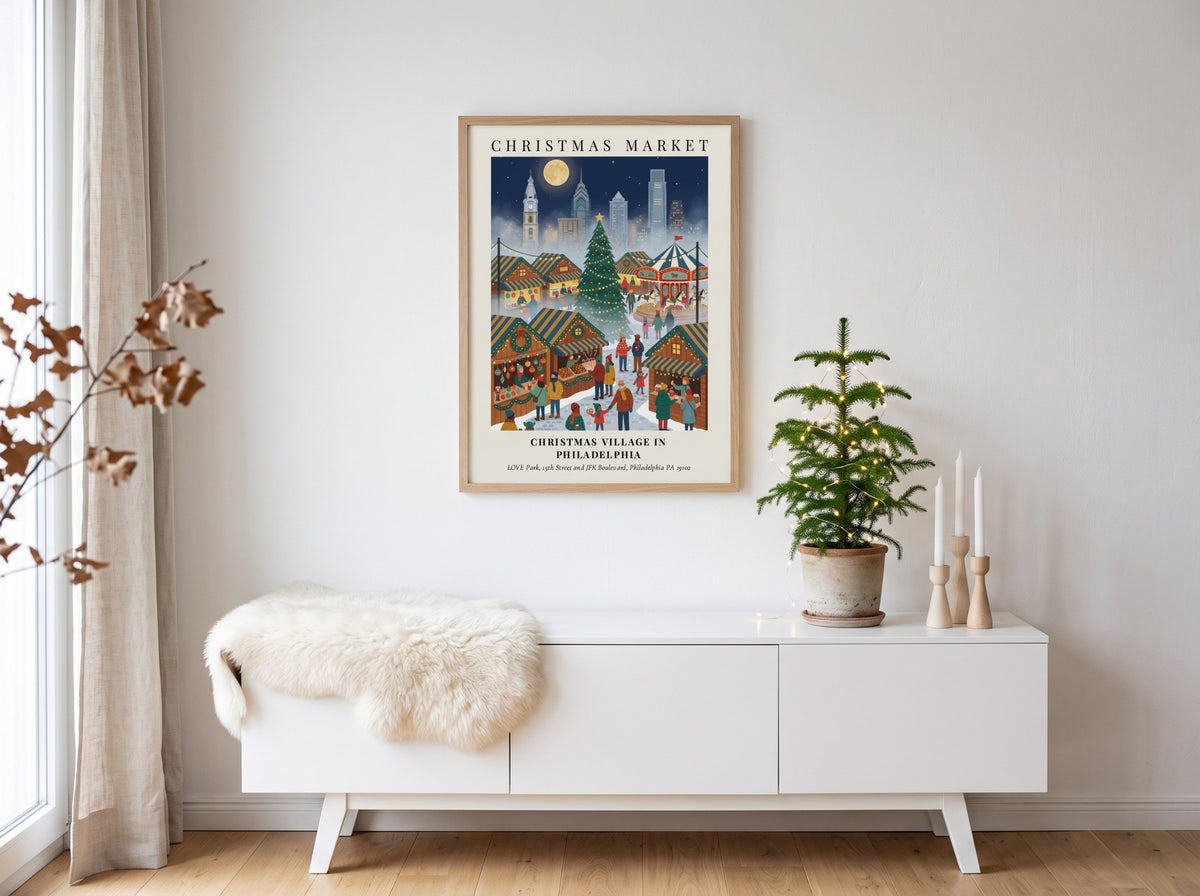 Poster of a Philadelphia Christmas market with stalls, a large tree, and city skyline.