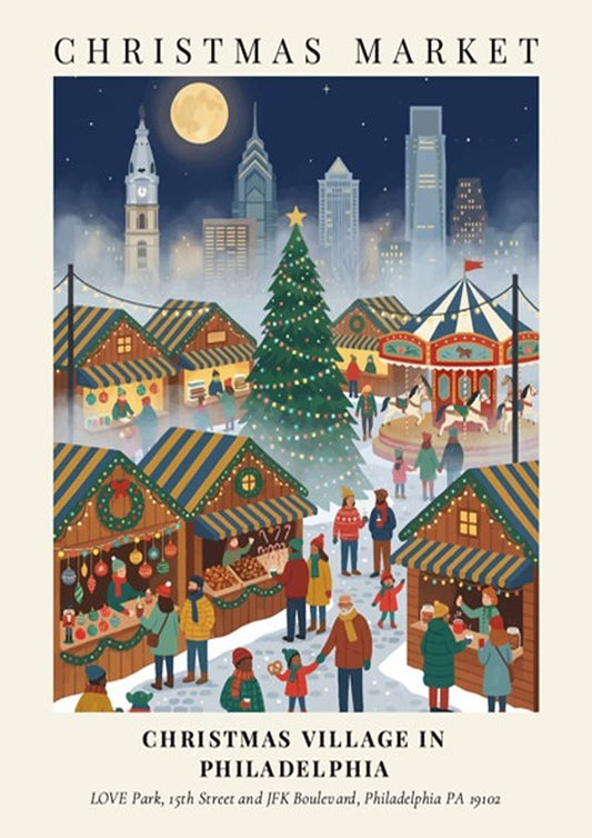Poster of a Philadelphia Christmas market with stalls, a large tree, and city skyline.