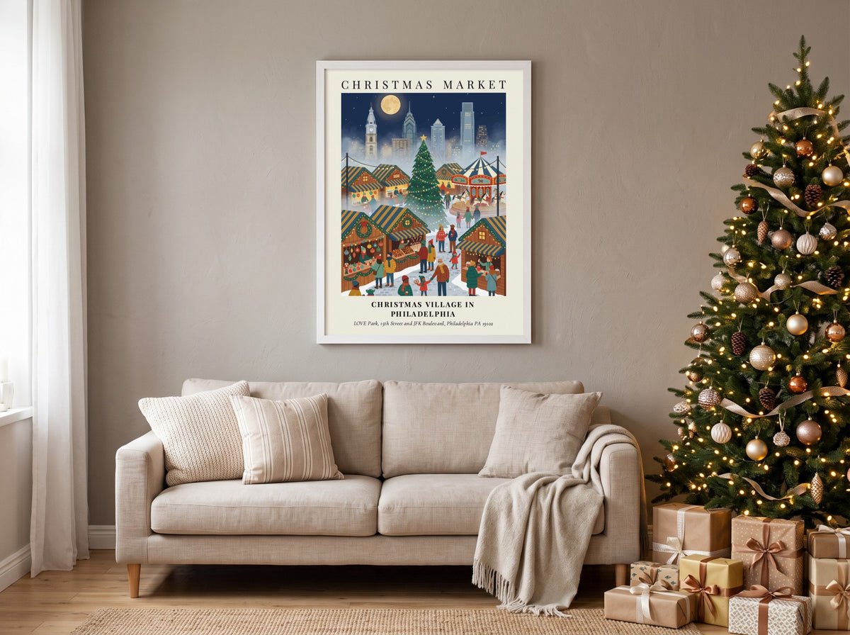 Poster of a Philadelphia Christmas market with stalls, a large tree, and city skyline.