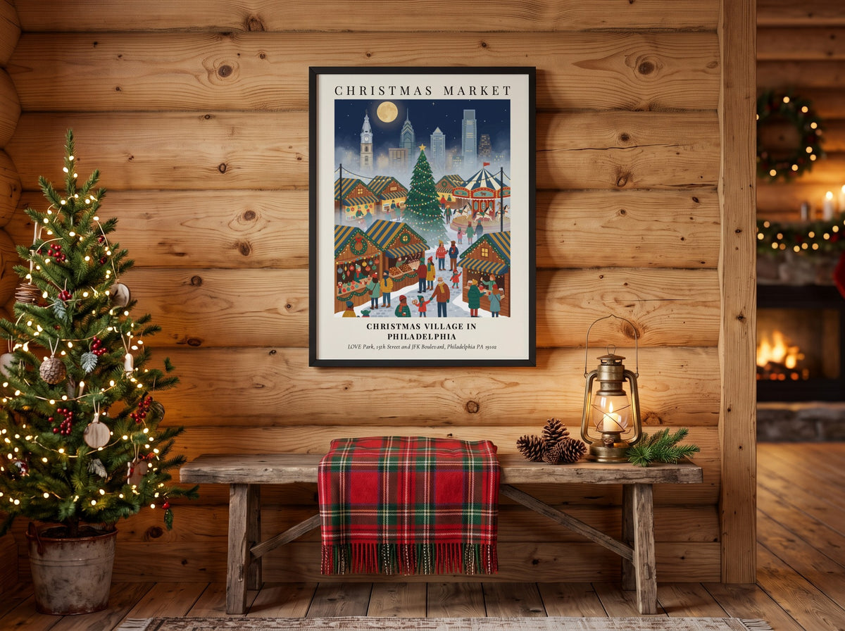 Poster of a Philadelphia Christmas market with stalls, a large tree, and city skyline.