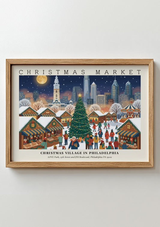 Poster of Christmas Village in Philadelphia featuring snow-covered market stalls and a large tree.