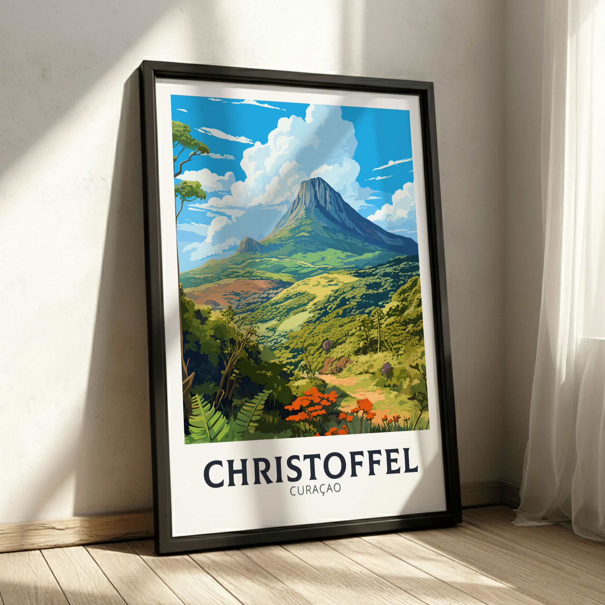 Framed artwork of a mountainous landscape with 'Christoffel' text on a white wall.
